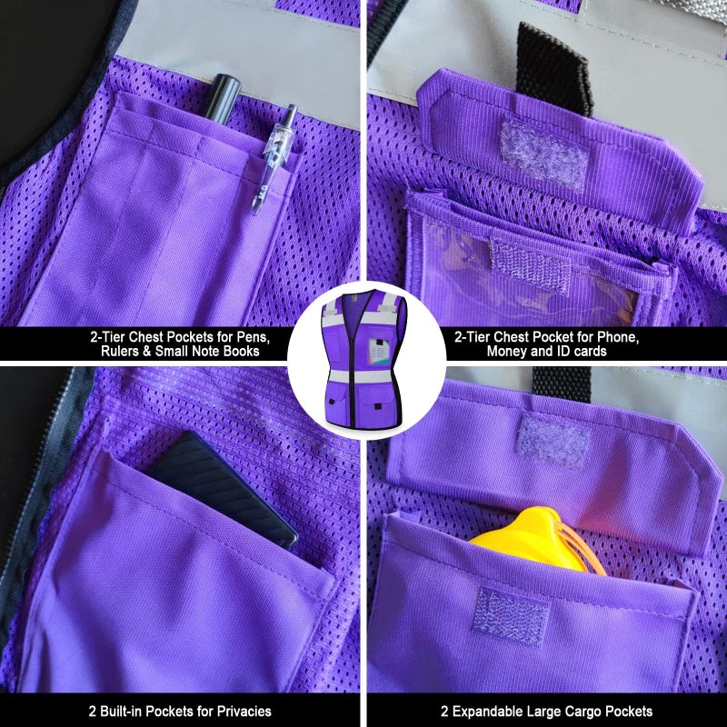 TCCFCCT Women Construction Work Vest 11 Pockets Snug-Fit High Visibility Reflective Vest with Zipper, Neon Safety Vest for Lady Contractors/Surveyors/Workers, Durable to Use, Meets ANSI, Purple XL - Image 4